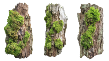 Moss-covered tree bark displays intricate textures and lush greenery in a serene forest setting png