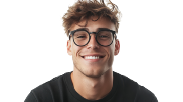 Young man with glasses smiling against a plain background, showcasing a friendly demeanor and stylish appearance png