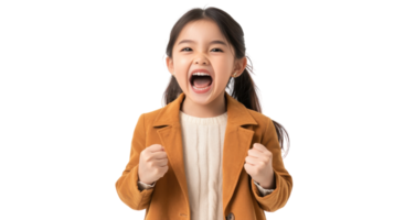 Child expresses joy and excitement while wearing a stylish outfit in a studio setting png