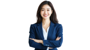 Confident young professional posing with arms crossed in a modern office setting during daylight hours png