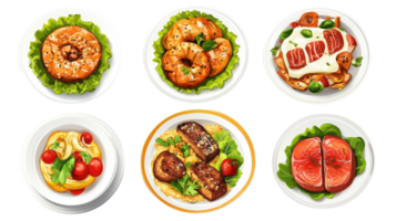 A set of plates with different types of food png