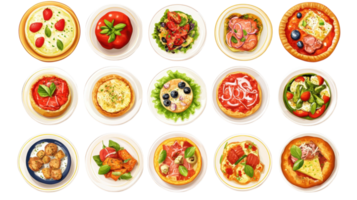 A collection of different types of pizza on plates png