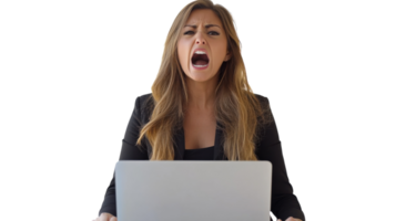 Woman expressing frustration while working on a laptop in a professional setting during day hours png