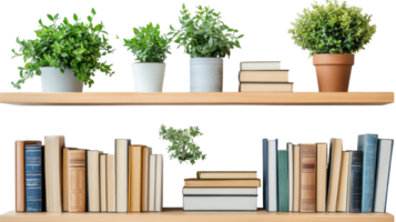 Decorative bookshelf with plants and a collection of books in minimalist design png