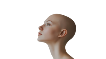 Bald model with striking profile against a clean white background during a creative photo session in the studio png