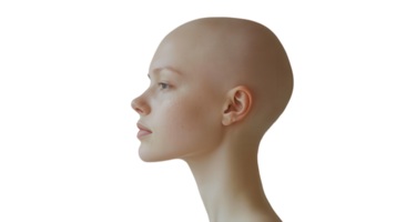 Unique profile of a bald mannequin displaying delicate facial features and graceful neck structure in minimalist style png
