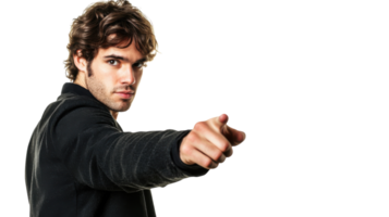 Young man poses confidently with hand extended, showcasing assertiveness against a white background png