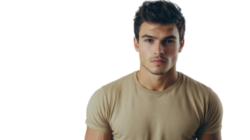 Young man poses with serious expression against plain background in studio setting png