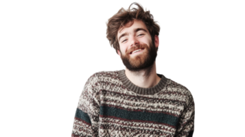 Smiling man with beard wearing a cozy sweater against a plain background in a joyful indoor moment png