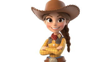 Cowgirl character poses confidently with arms crossed in friendly, animated style against a simple background png