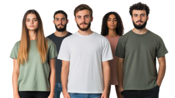 Group of diverse models wearing plain t-shirts in various colors against a simple background in a studio setting png