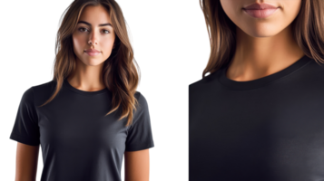 Woman wears black t-shirt with a close-up view showcasing fabric texture and fit in a neutral setting png