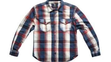 Stylish blue and red plaid flannel shirt with button-up design and front pockets suitable for casual wear and seasonal fashion png