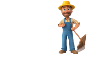 Cartoon farmer character with a rake in a bright yellow hat smiling cheerfully in a rural background png