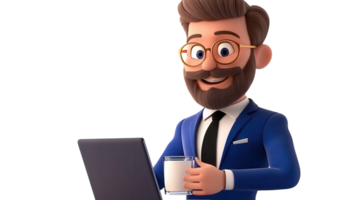 Businessman with glasses sits at desk, enjoying drink while using laptop in modern office setting png