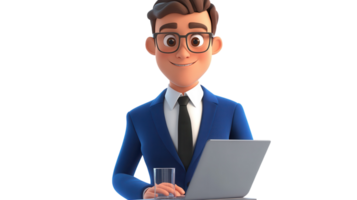 Professional man working on a laptop with a glass of water in a modern office setting png