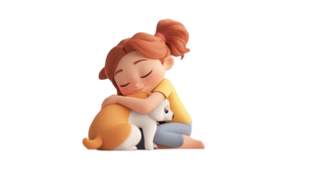 Child hugs a small dog with joy and affection in a playful, animated illustration at home png