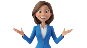 Professional animated character gesturing with a friendly expression in a blue suit on a white background png