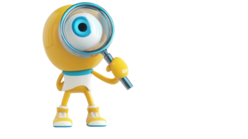 Bright yellow character with magnifying glass exploring a whimsical world filled with adventure and curiosity png