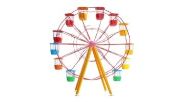 Colorful Ferris wheel stands prominently in a carnival setting with spirited energy and joy for visitors in the late afternoon png