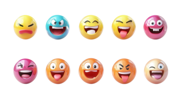 Diverse collection of colorful smiley faces expressing various emotions and feelings in a playful arrangement png