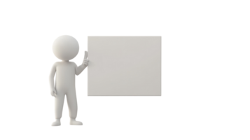Character stands beside a blank square board with a raised thumb in a minimalistic setting png