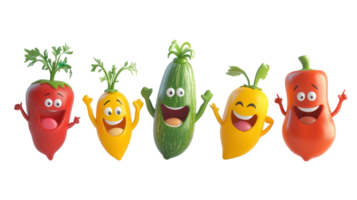 Colorful cartoon vegetables expressing joy and excitement in a playful arrangement on a white background png
