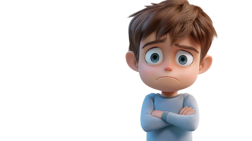 Young boy with a worried expression stands with crossed arms in a neutral background conveying feelings of concern png