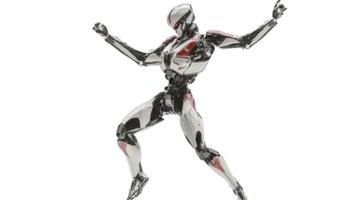 Futuristic humanoid robot in dynamic dance pose showcasing sleek chrome design and advanced technology png