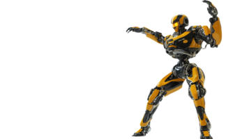 Robotic figure performing dynamic pose in sleek design with striking yellow and black colors png