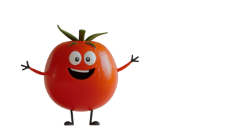Cheerful cartoon tomato character with big eyes smiling and welcoming everyone to a fun event png