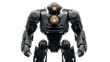 Dark robotic figure standing with glowing eyes in a studio setting png