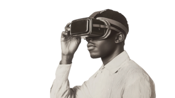 Young man engaging with virtual reality headset in modern technology setting png
