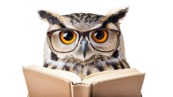 Owl with glasses reading a book, showcasing a whimsical blend of knowledge and nature in a playful way png