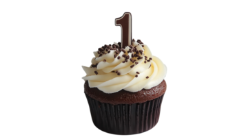 Chocolate cupcake topped with creamy frosting and a birthday candle for a first birthday celebration png