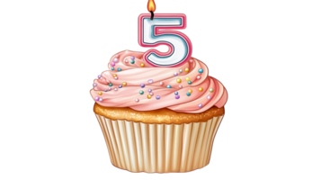 A cupcake with a candle that says five png