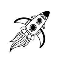 Rocket icon. Hand drawn spaceship, ship flight in open space. Futuristic shuttle, astronomical adventure. Line art, simple doodle. Black outline isolated on white. Coloring, for print vector