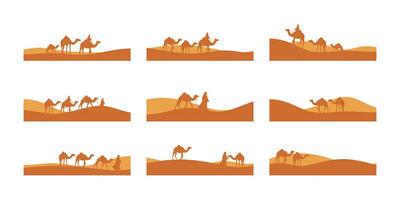 Silhouette of Camels in Desert Landscape vector