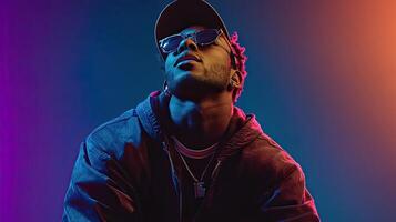 a man wearing sunglasses and a jacket in front of a colorful background photo