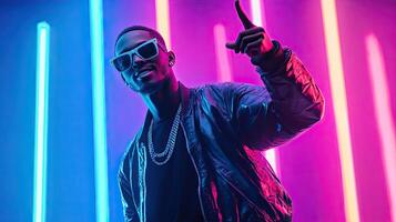 a man in sunglasses and a jacket is pointing at something photo