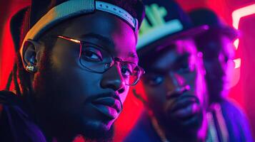 three men with glasses and hats in front of a neon light photo