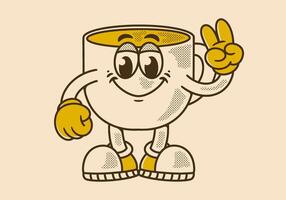 Character mascot of a coffee mug with hands forming a peace symbol in retro colors vector