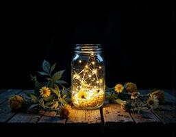 A jar with a string of lights and flowers on a wooden table photo