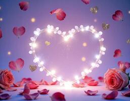 Heart shape with pink roses and glowing hearts on a purple background photo