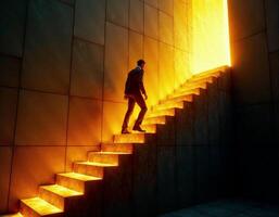 A man walking up a set of stairs to an open door photo