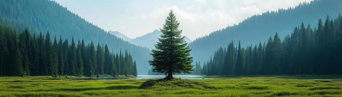 Serene Landscape with Lone Tree in Lush Green Meadow and Mountains photo