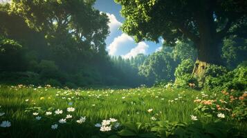Lush Green Landscape with Wildflowers and Sunlit Forest Scene photo