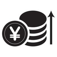 A black and white icon of a stack of coins and an arrow pointing up vector