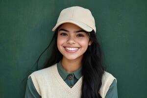 Charming young Latin woman in a beige cap photo