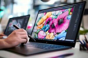 Embracing digital artistry through ink and technology in a vibrant workspace filled with creativity and inspiration photo